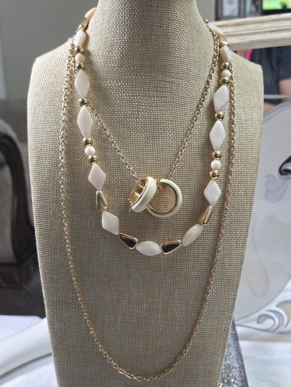 Napier, Sarah Cov & Avon Gold & Cream Layered Necklaces & Post Hoop Earrings Lot
